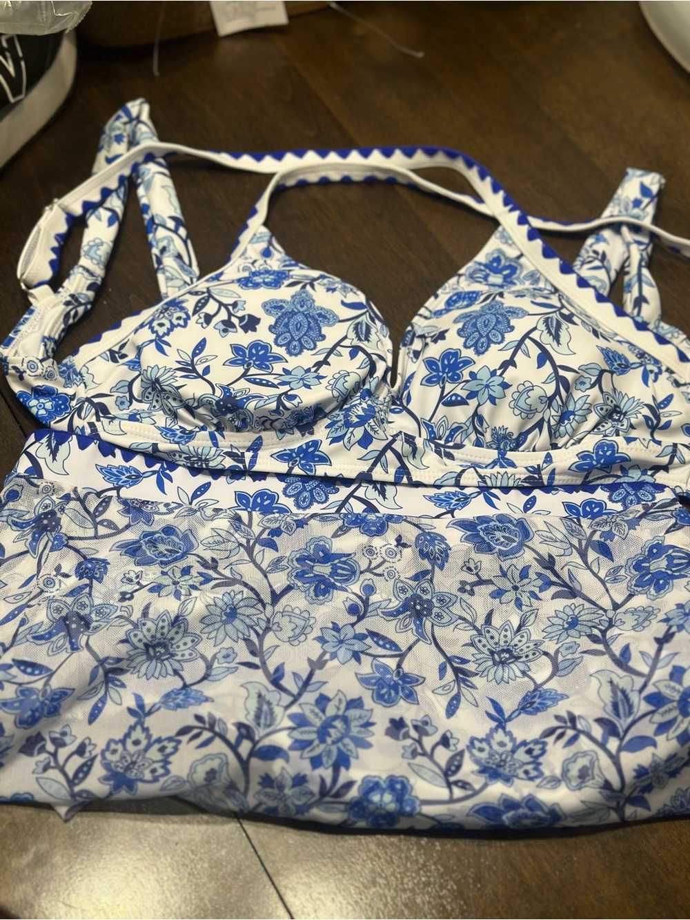 Blue Floral Halter Swim Bikini with Sarong - Women Swim